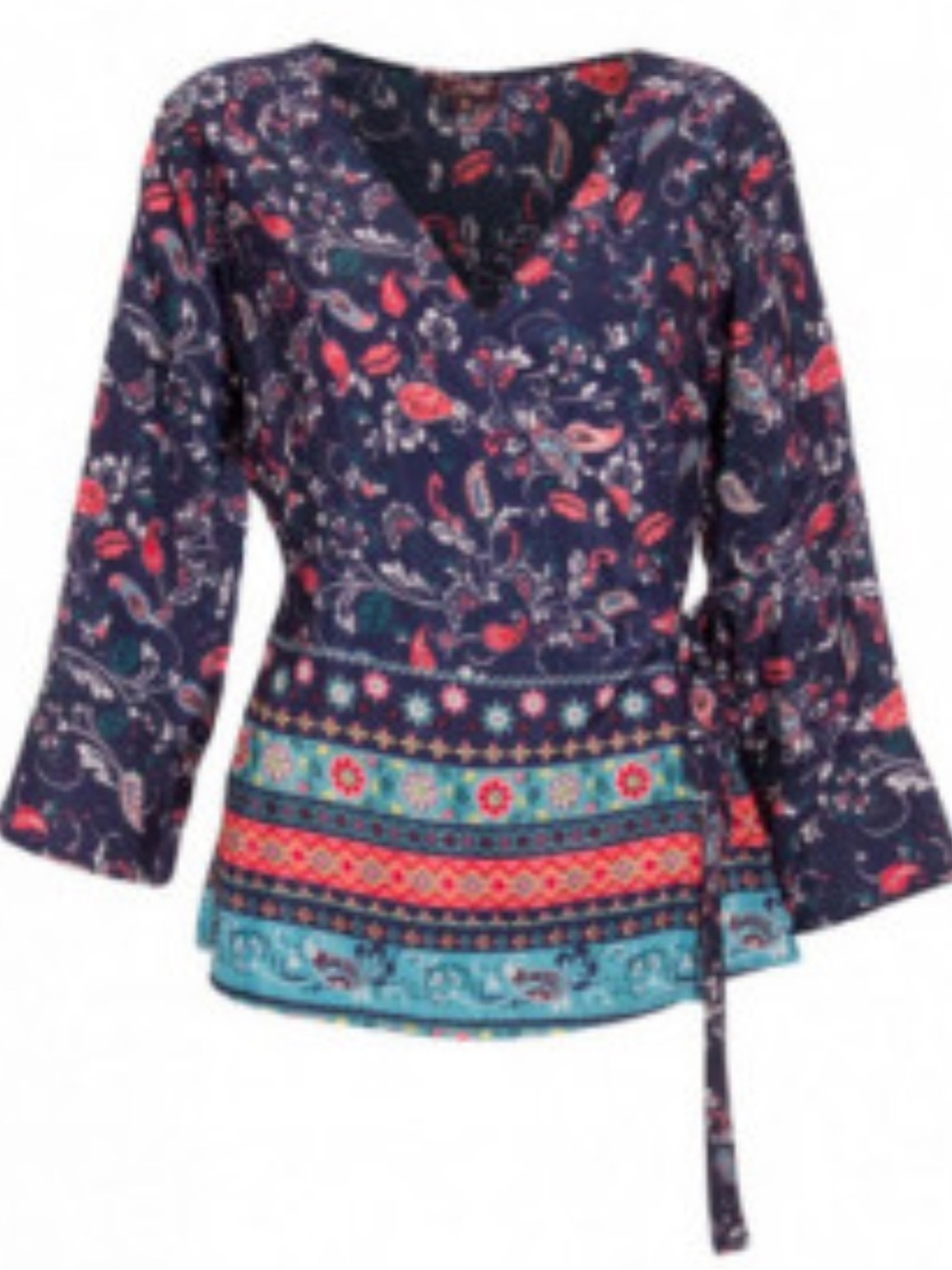 Coline Navy with Pink & Red Paisley Print wrap blouse size L